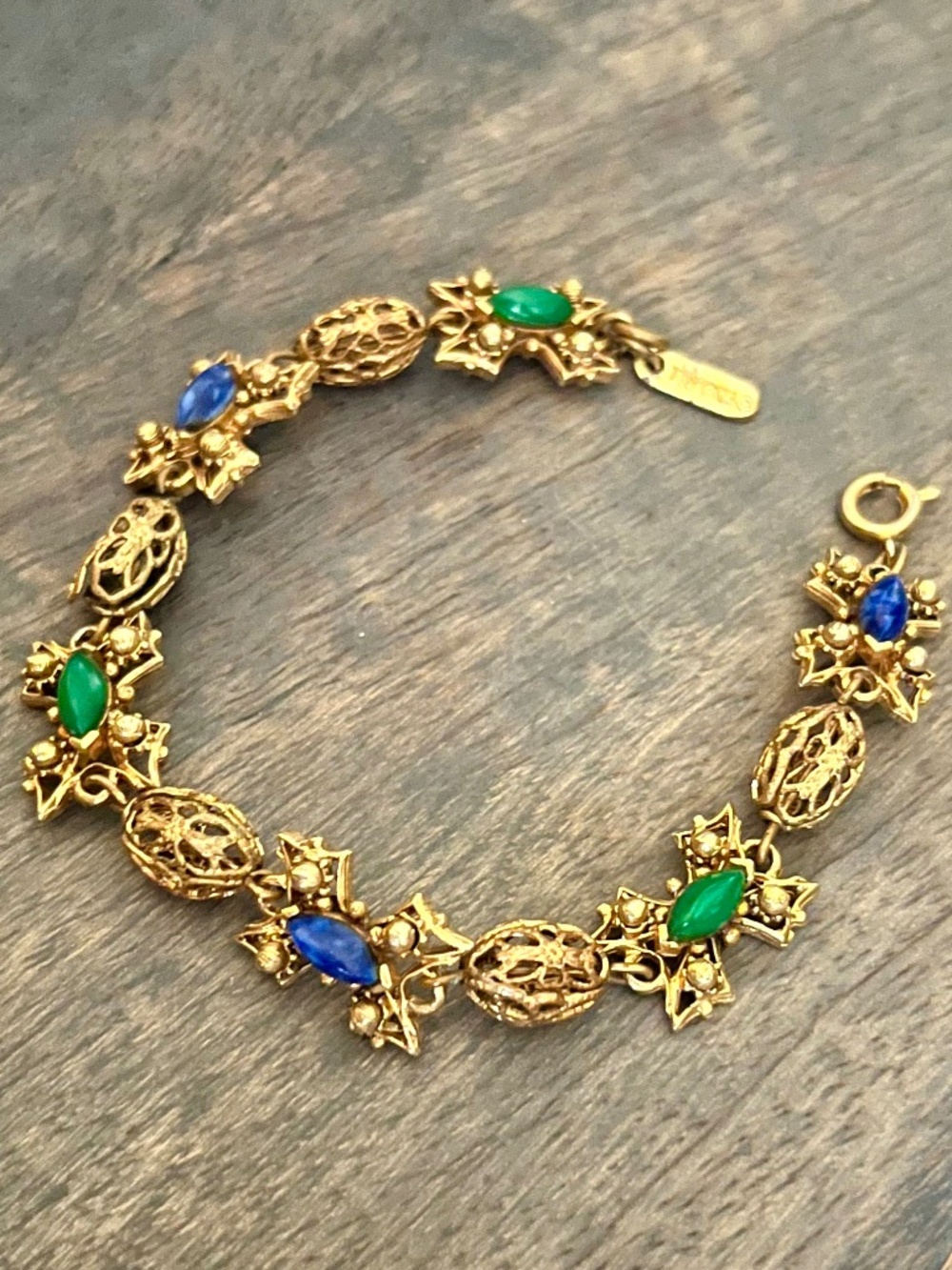 Vintage Filigree Bracelet Florenza Signed w/Blue Green Stone Maltese Cross Motif